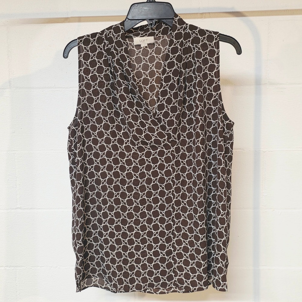 Loft Outlet Women Small Brown White Rope Chain Link Surplice Sleeveless Blouse